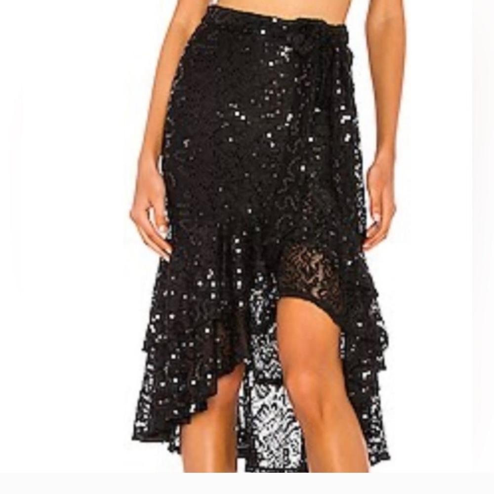 Revolve Lovers + Friends Black Sequin High-Low Ruffle Skirt Size S